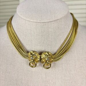 VTG 1980s Anne Klein Gold Lion Head Multi Strand Snake Chain Necklace Slide Lock